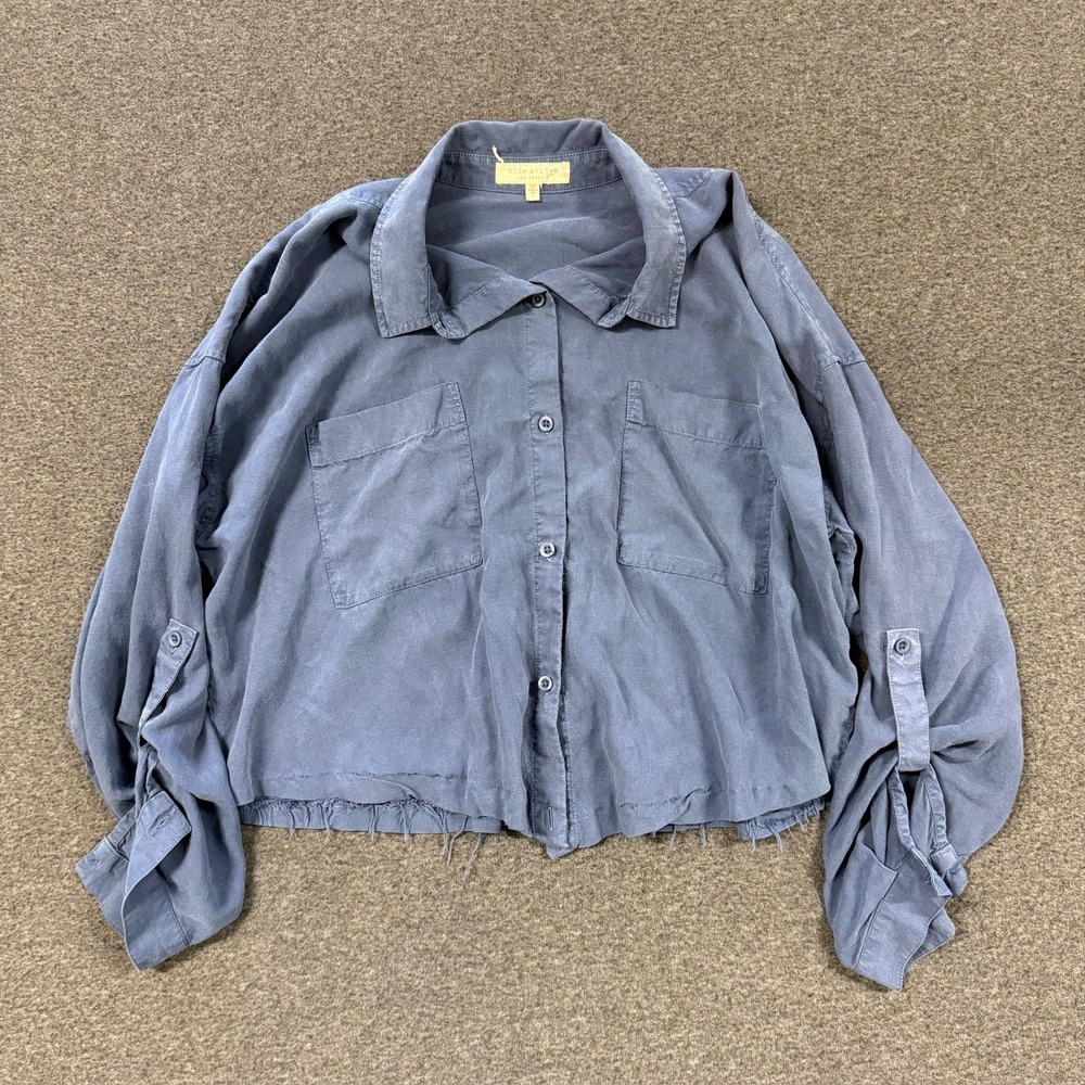 Side Stitch Los Angeles Button Down Shirt Womens L Blue Good Cropped Raw Hem